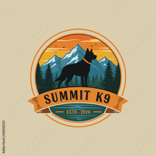 A vintage-style logo featuring a German Shepherd silhouette against a scenic mountain sunset backdrop.