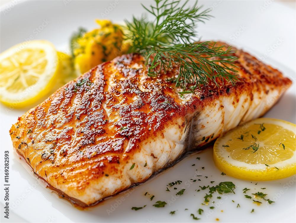 Food photography. A piece of fried red fish with dill and lemon on a white plate. Photography for a website or magazine. Food photography. A piece of fried red fish with dill and lemon on a white plate. Photography for a website or magazine.