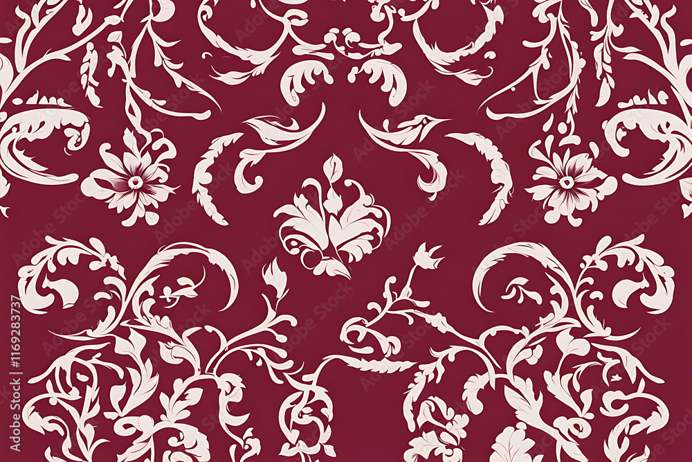 Fototapeta premium Elegant Floral Damask Pattern on Burgundy Background