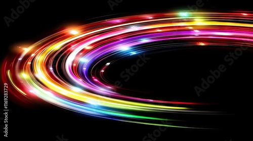 Vivid swirling rainbow light trails create a dynamic circular frame. Ideal for music visualizations or vibrant backgrounds.