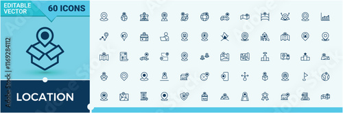 Location icon set. Featuring journey, geo, search, marker, off, web, travel, here. Thin outline icons pack. Vector outline and solid icons collection.