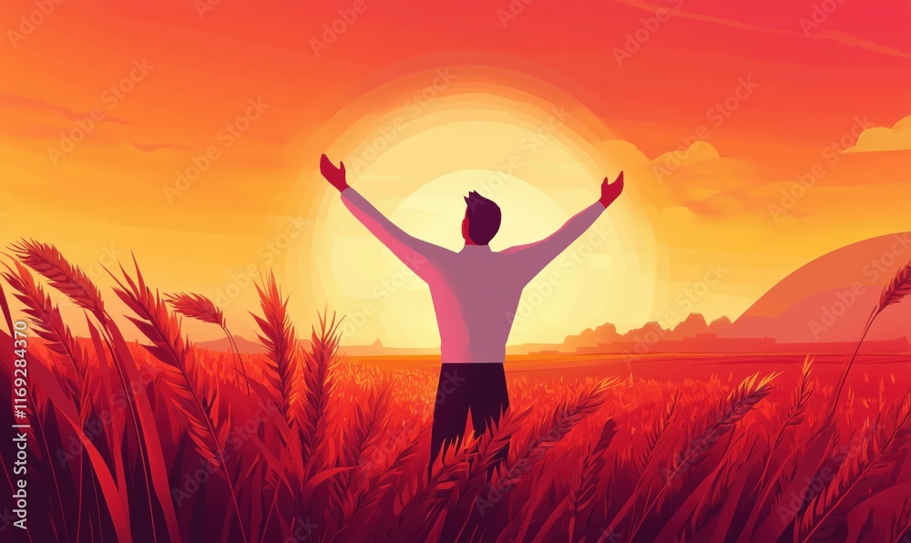 Man Embracing Sunset in Wheat Field, Vibrant Colors, Symbol of Freedom and Nature's Beauty Man Embracing Sunset in Wheat Field, Vibrant Colors, Symbol of Freedom and Nature's Beauty