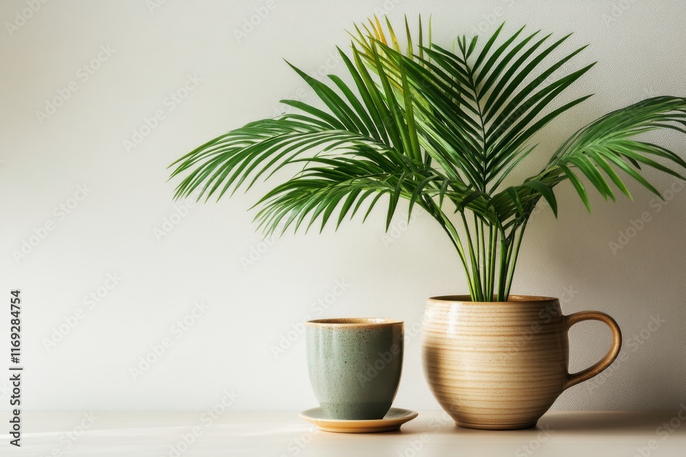 Fototapeta premium Stylish Indoor Plants with Decorative Pot and Cup