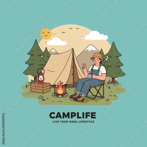 A person sits peacefully by a campfire at a campsite in the mountains, enjoying the serene natural surroundings.