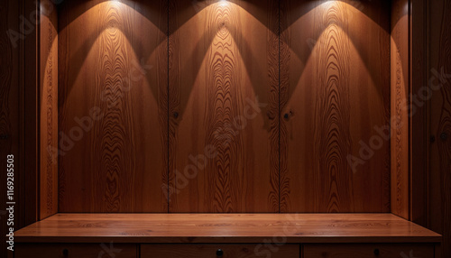 Mahogany wooden display shelf with warm spotlight lighting
