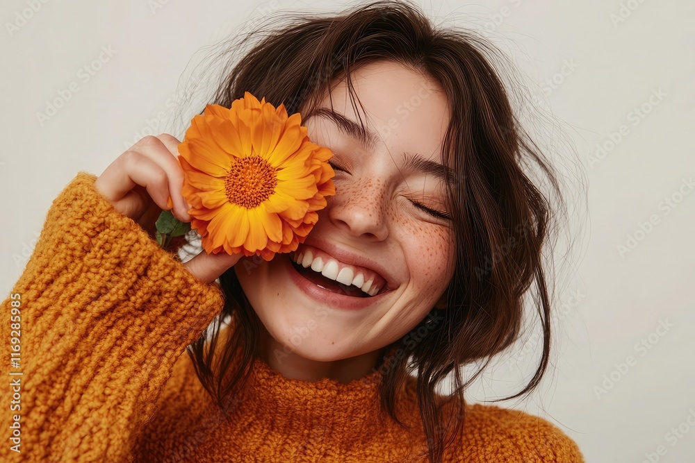 Cheerful woman holding an orange flower, playfully covering one eye while smiling with closed eyes
