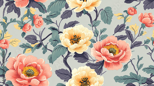 Seamless artistic floral textile pattern with coral and yellow blossoms and dark foliage on grey background