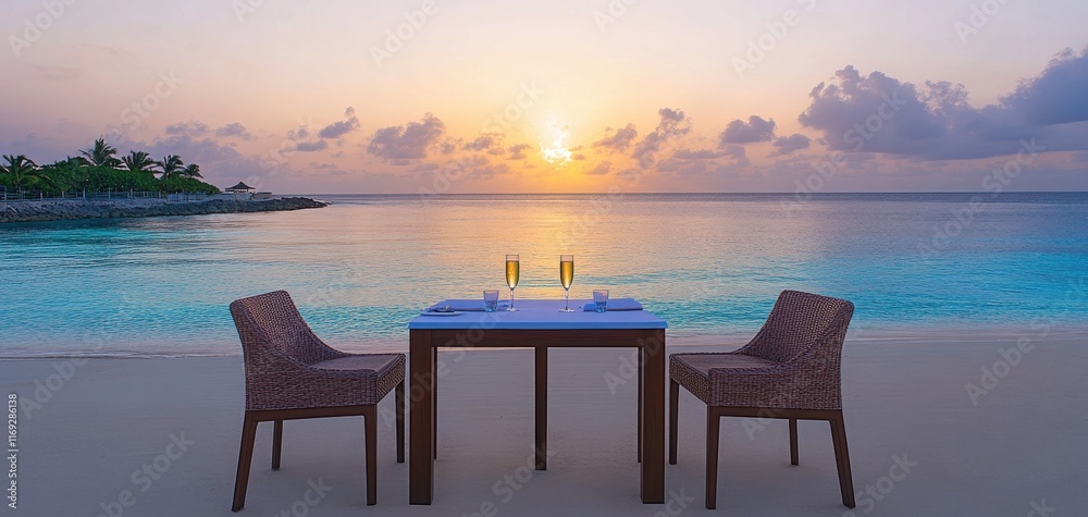 Fototapeta premium A serene beach setting with two chairs and a table facing a stunning sunset over calm waters.