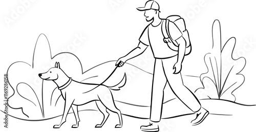 backpacker man and dog friend walking in nature together discovering lifestyle line art