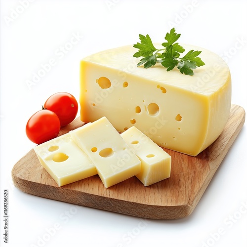 Wedge of cheese sits on a wooden cutting board next to a tomato and parsley. The cheese is cut into slices, and the tomato is sliced in half. Concept of freshness and simplicity