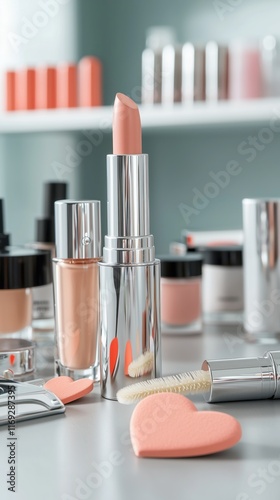 The Concept of Valentine’s Marketing and Promotion. Cosmetic products arranged aesthetically on a vanity table. photo