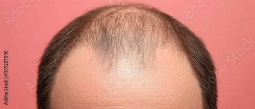 A close-up image of a man's receding hairline against a plain background, highlighting hair thinning on the crown of his head. photo