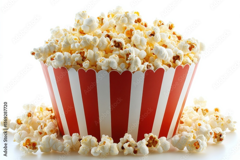 Fresh Popcorn in a Striped Bowl on White Background Fresh Popcorn in a Striped Bowl on White Background