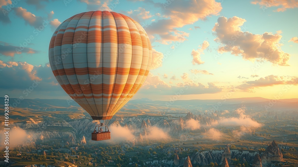 Hot air balloon hovering in the sky over Cappadocia.
Hot air balloon hovering in the sky over Cappadocia.