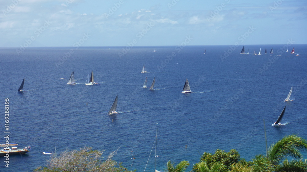 Obraz premium Sailboats sailing away on the Caribbean sea during a race or an event located in Saint-Barthélémy, French West Indies.
