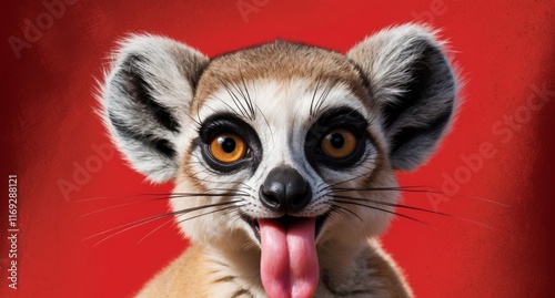 This image captures a close-up of a lemur with striking orange eyes and conspicuous white and black facial markings, looking directly at the camera with its pink tongue cheekily protruding. The