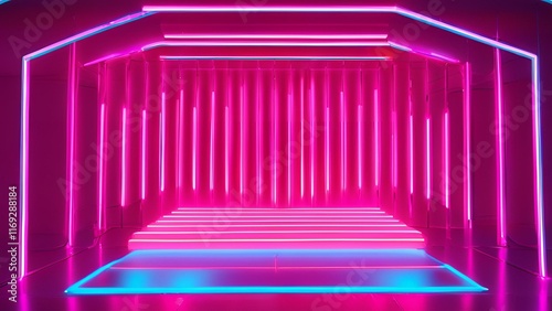 Abstract Neon Lit Corridor with Bright Vibrant Lights and Reflections