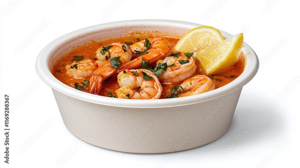 Spicy shrimp soup in a bowl, garnished with lemon and parsley. Spicy shrimp soup in a bowl, garnished with lemon and parsley.