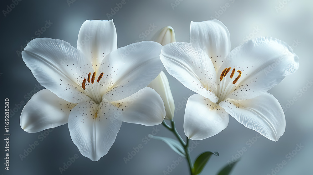 Two pristine white lilies in full bloom, elegantly displayed against a soft, blurred background. Two pristine white lilies in full bloom, elegantly displayed against a soft, blurred background.