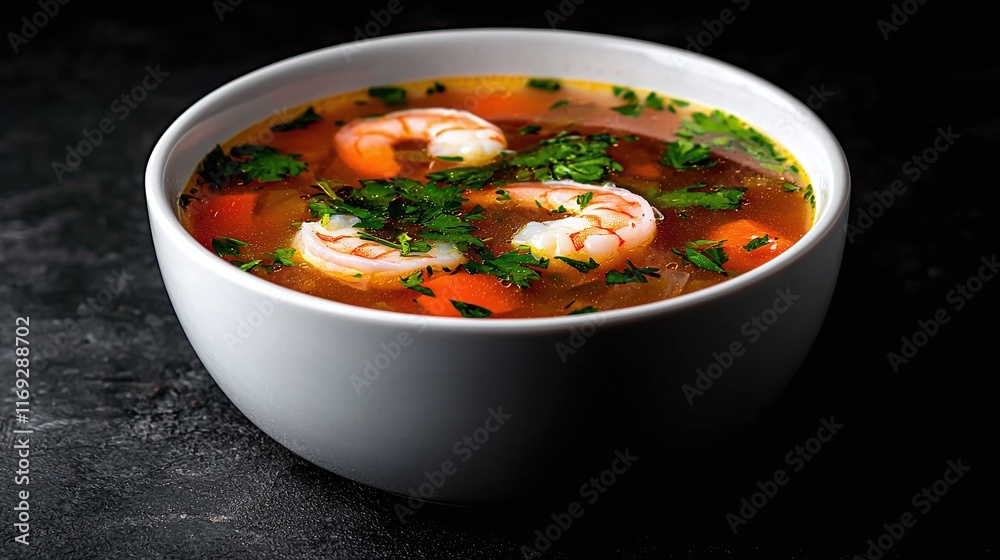 Delicious shrimp and vegetable soup in a bowl. Delicious shrimp and vegetable soup in a bowl.