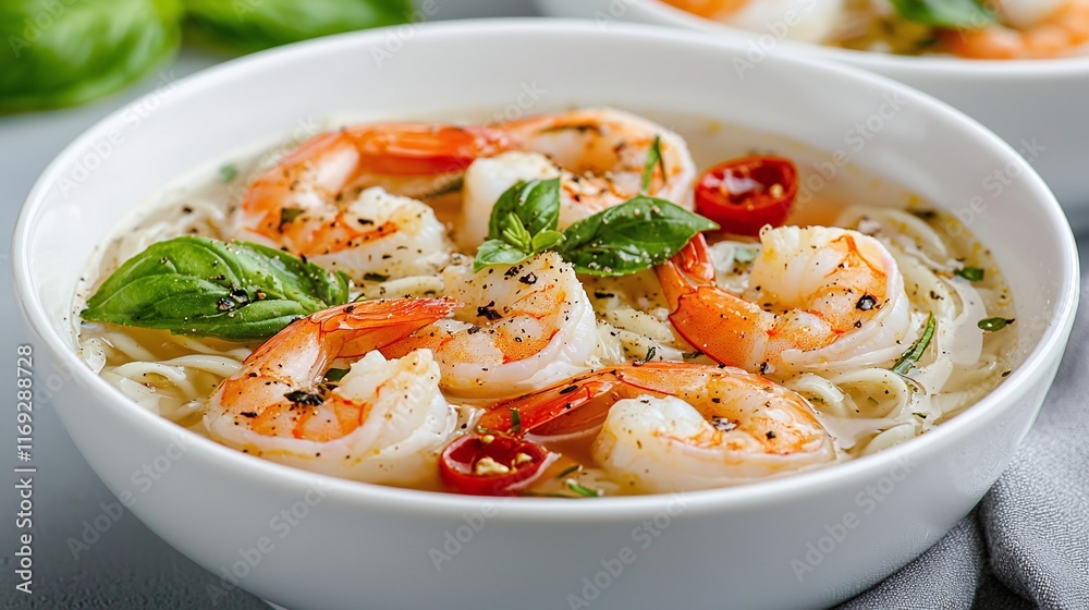 Delicious shrimp noodle soup in a white bowl, garnished with basil and chili peppers. Delicious shrimp noodle soup in a white bowl, garnished with basil and chili peppers.