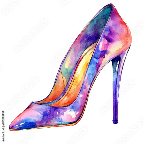 A watercolor vector painting of shiny high heels for events, isolated on a white background. Shiny high heels vector.

