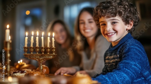 Jewish family celebrating hanukkah with menorah and traditional food photo