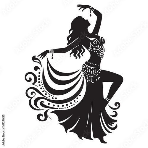 Belly Dance Silhouette Vector Illustration, Solid White Background.