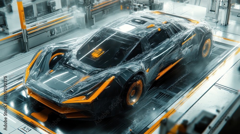 in the high-tech factory, robotic arms are building cars in an aerial view. The car is covered with gray plastic film and orange details.