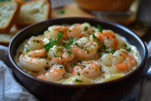 Pasta spaghetti with grilled shrimps bechamel sauce. Spaghetti with seafood rich cream.Shrimps in a creamy sauce with pasta. A large portion is served in a white plate with fresh herbs. photo