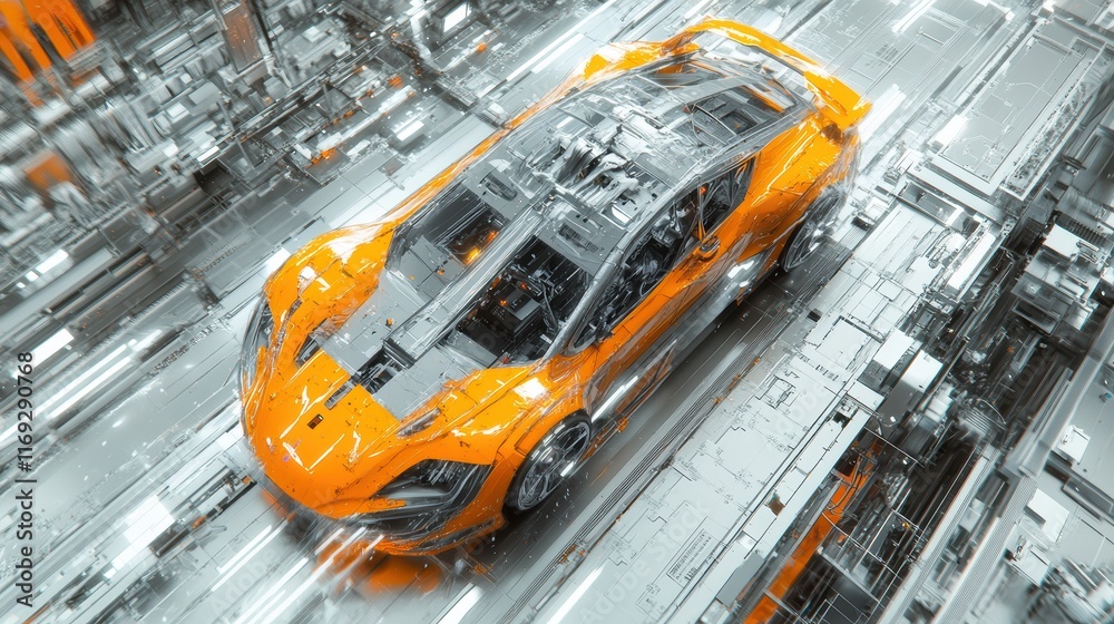 Obraz premium in the high-tech factory, robotic arms are building cars in an aerial view. The car is covered with gray plastic film and orange details.