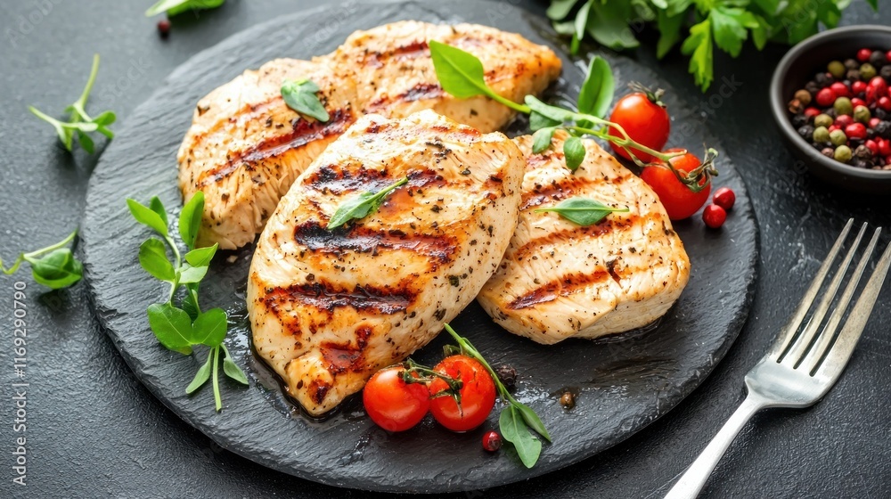 Grilled chicken breasts served on a stone plate, garnished with cherry tomatoes and fresh herbs, showcasing a delicious, healthy meal. Grilled chicken breasts served on a stone plate, garnished with cherry tomatoes and fresh herbs, showcasing a delicious, healthy meal.