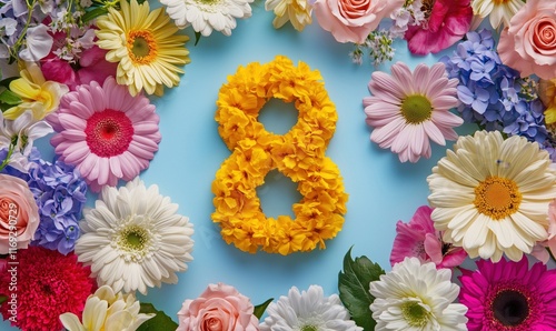Floral Arrangement Number 8 Surrounded by Colorful Flowers, Vibrant Petals, Decorative Spring Theme, Celebration, Joyful Atmosphere