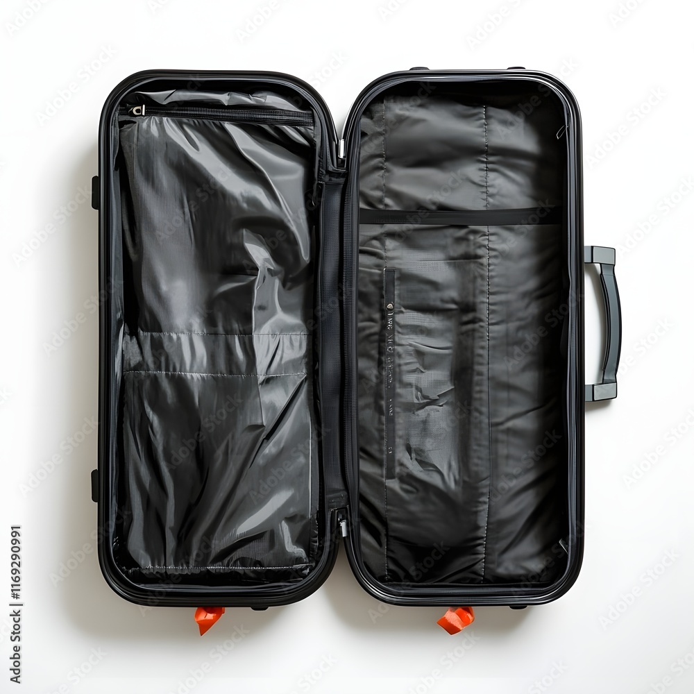 Fototapeta premium Opened Black Luggage on Empty White Background