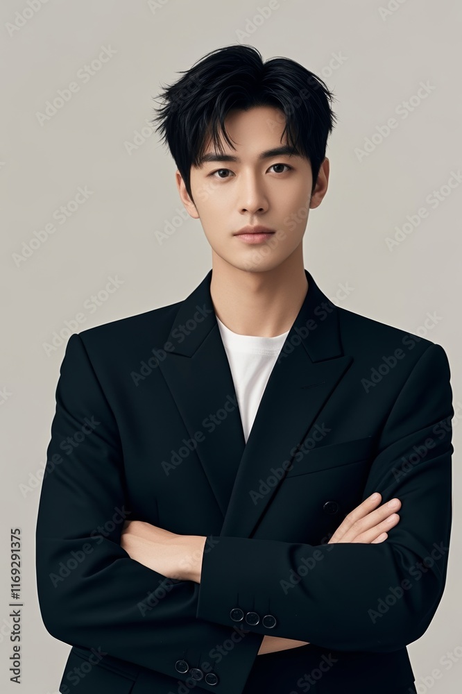 arafed asian man in a black suit with his arms crossed arafed asian man in a black suit with his arms crossed