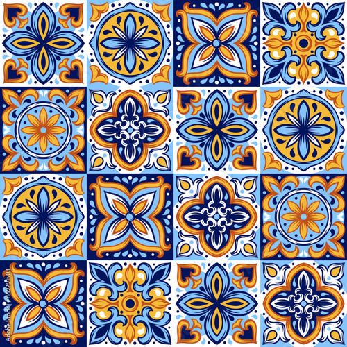 Portuguese ceramic tile pattern. Mediterranean traditional ornament. Italian or spanish majolica.