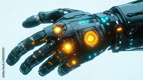 A futuristic robotic hand with glowing orange accents. Ideal for sci-fi projects games or visual effects showcasing advanced technology and artificial intelligence. photo