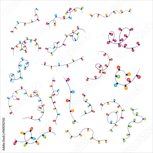 Set Christmas garland in the shape of a Christmas tree. Colored light bulbs. Decoration for the Christmas tree. Vector illustration on a white background.