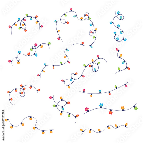 Set Christmas garland in the shape of a Christmas tree. Colored light bulbs. Decoration for the Christmas tree. Vector illustration on a white background.