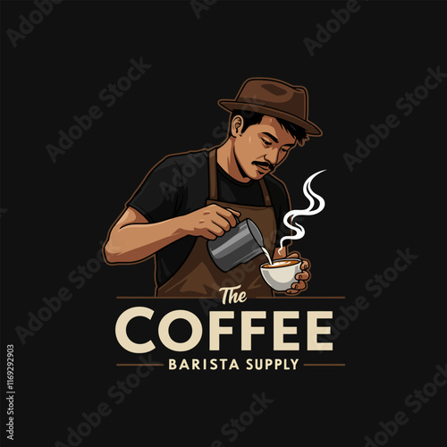 A stylized illustration of a barista pouring milk into a cup of coffee for a coffee shop logo.