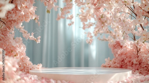 A serene scene featuring a circular platform surrounded by blooming cherry blossom trees, set against a soft, draped backdrop.