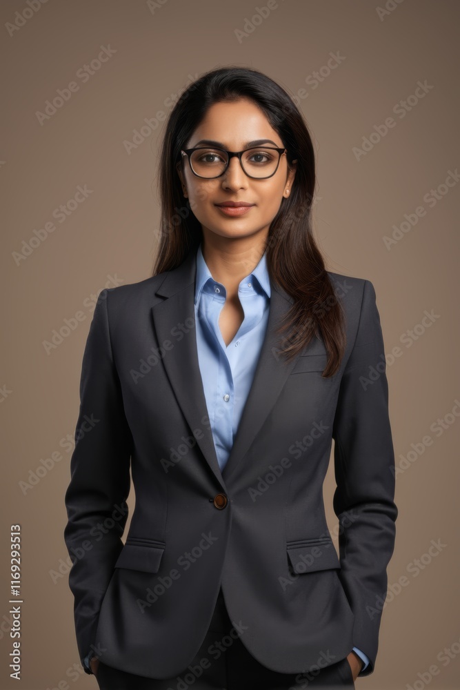 woman wearing glasses and a suit posing for a picture