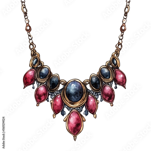 A watercolor vector painting of an old vintage necklace, isolated on a white background. Old vintage necklace vector.

