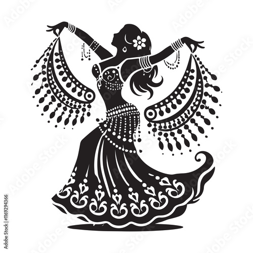 Belly Dance Silhouette Vector Illustration, Solid White Background.