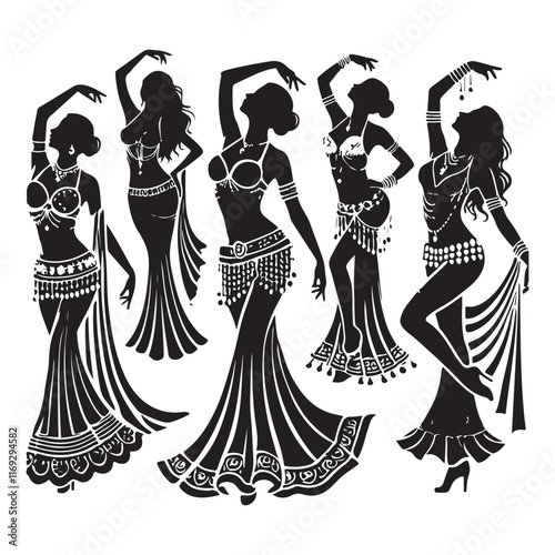 Belly Dance Silhouette Vector Illustration, Solid White Background.