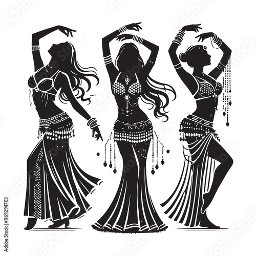 Belly Dance Silhouette Vector Illustration, Solid White Background.