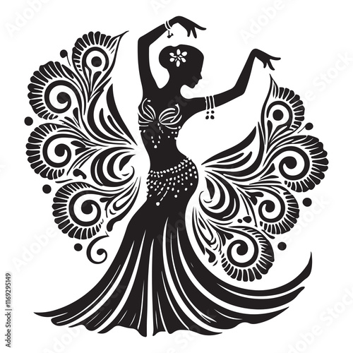 Belly Dance Silhouette Vector Illustration, Solid White Background.