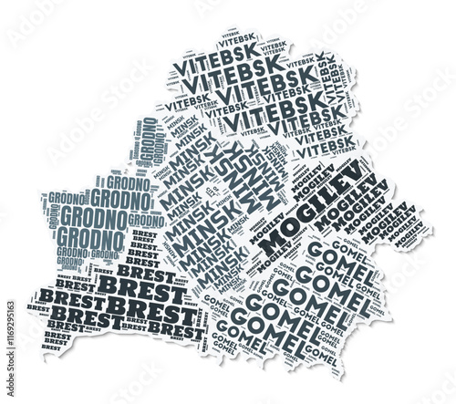 Belarus shape text cloud. Country border with shadow on white background. Belarus with regions division in vintage gazette style. Trending vector illustration.