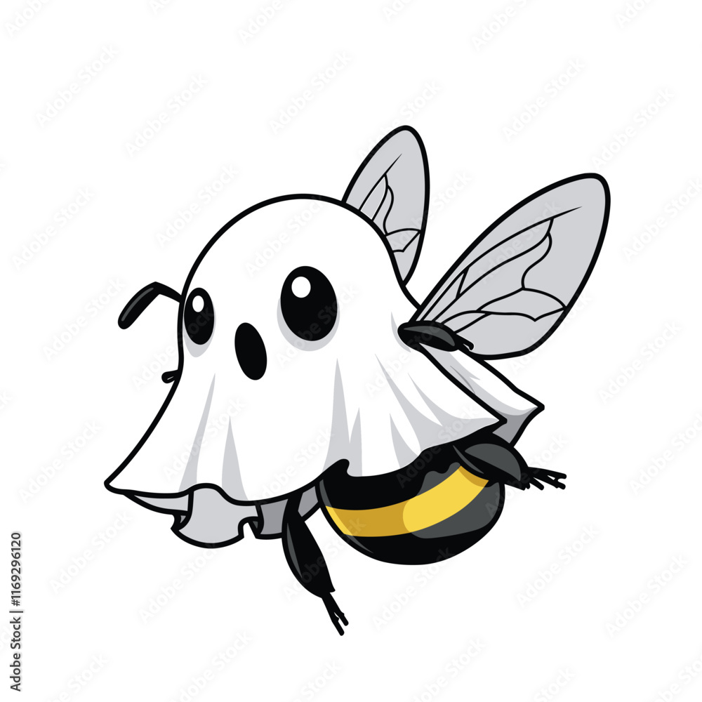 Bee in ghost costume, yellow stripes visible. Bee in ghost costume, yellow stripes visible.
