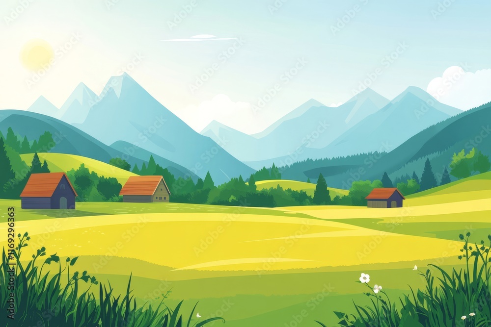 Majestic mountains cradle a serene countryside with rustic homes nestled among vibrant fields at golden hour